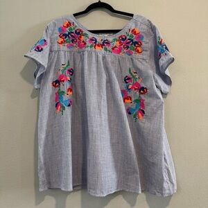 See and be Seen Embroidered Floral Top Short Sleeve Boho L
